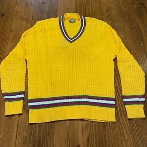 Vintage Jeffsport Cable Knit Cricket Tennis Sweater Preppy Large Yellow V Neck